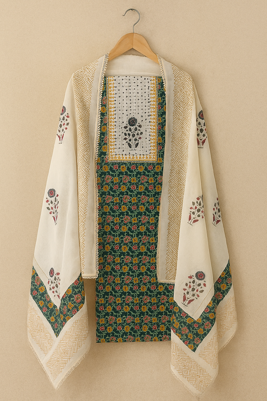Emerald Charm – Green Floral Unstitched Suit with Ivory Dupatta