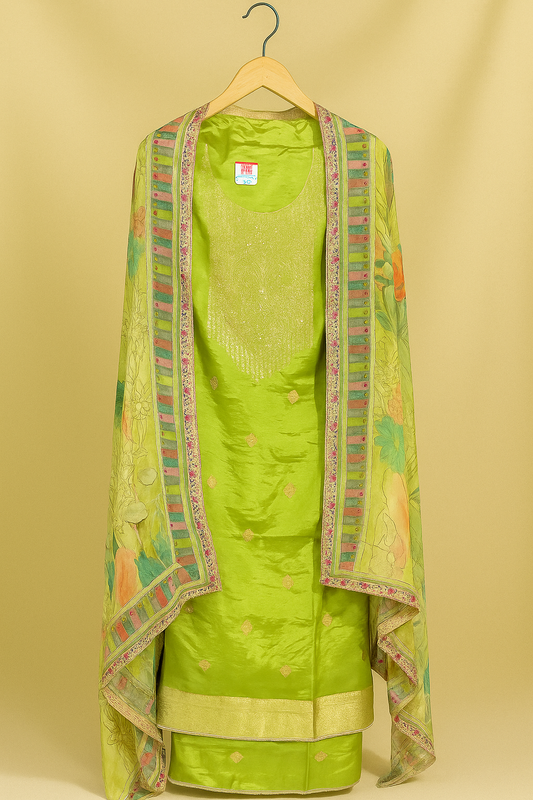 Lime Green Silk Unstitched Suit with Floral Printed Dupatta
