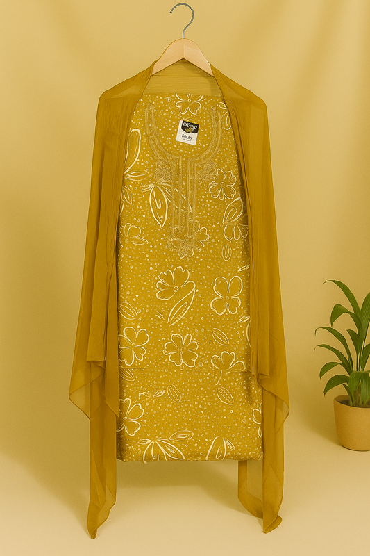 Mustard Yellow Floral Printed Unstitched Suit with Sheer Dupatta