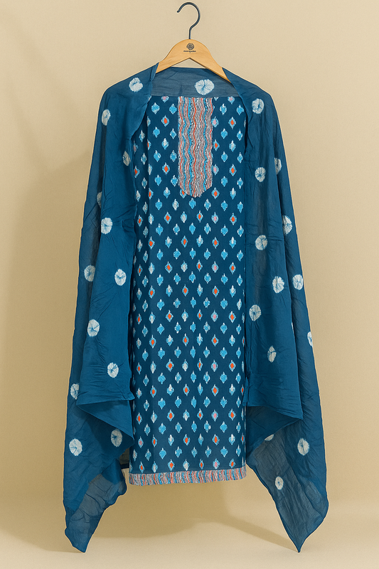 Indigo Essence – Unstitched Ikat Print Suit with Tie-Dye Dupatta