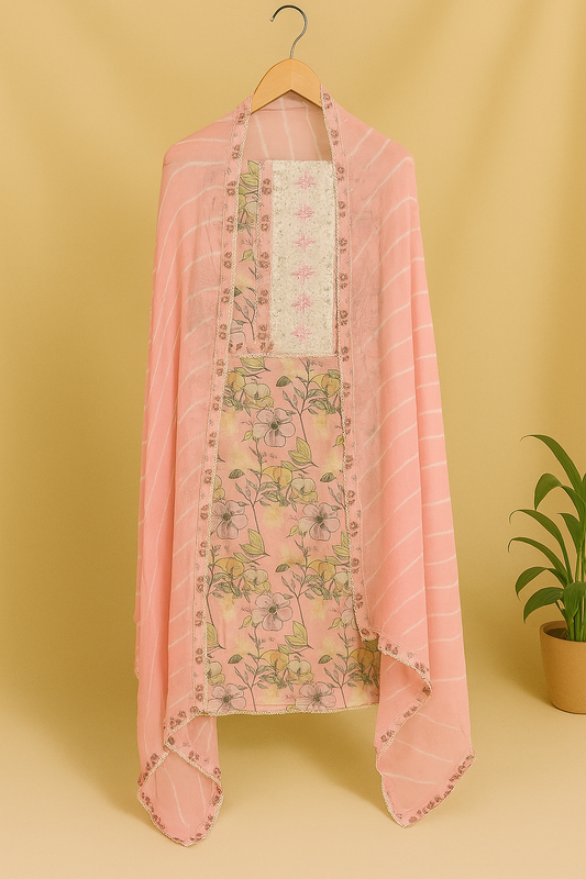 Blush Bloom – Pastel Floral Unstitched Suit Set with Embroidered Dupatta