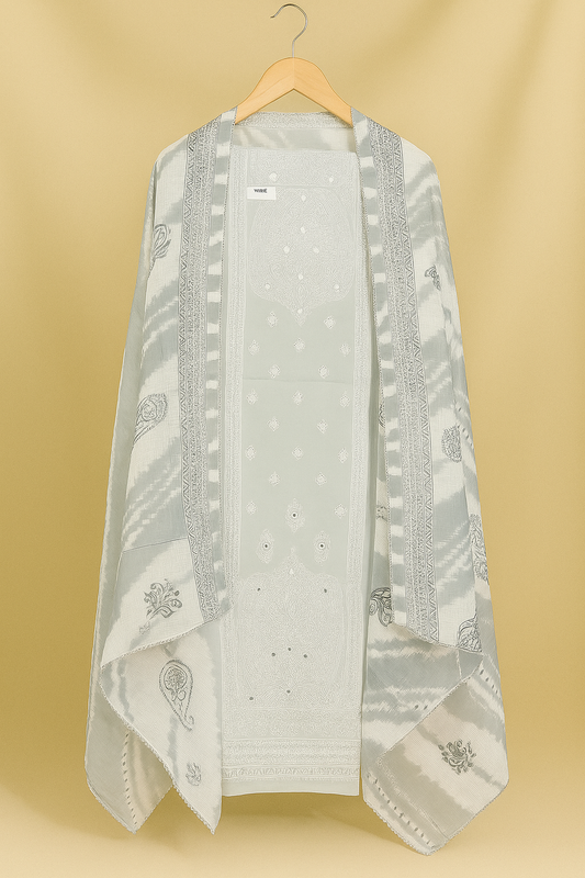 Soft Grey Embroidered Unstitched Suit with Subtle Paisley Dupatta