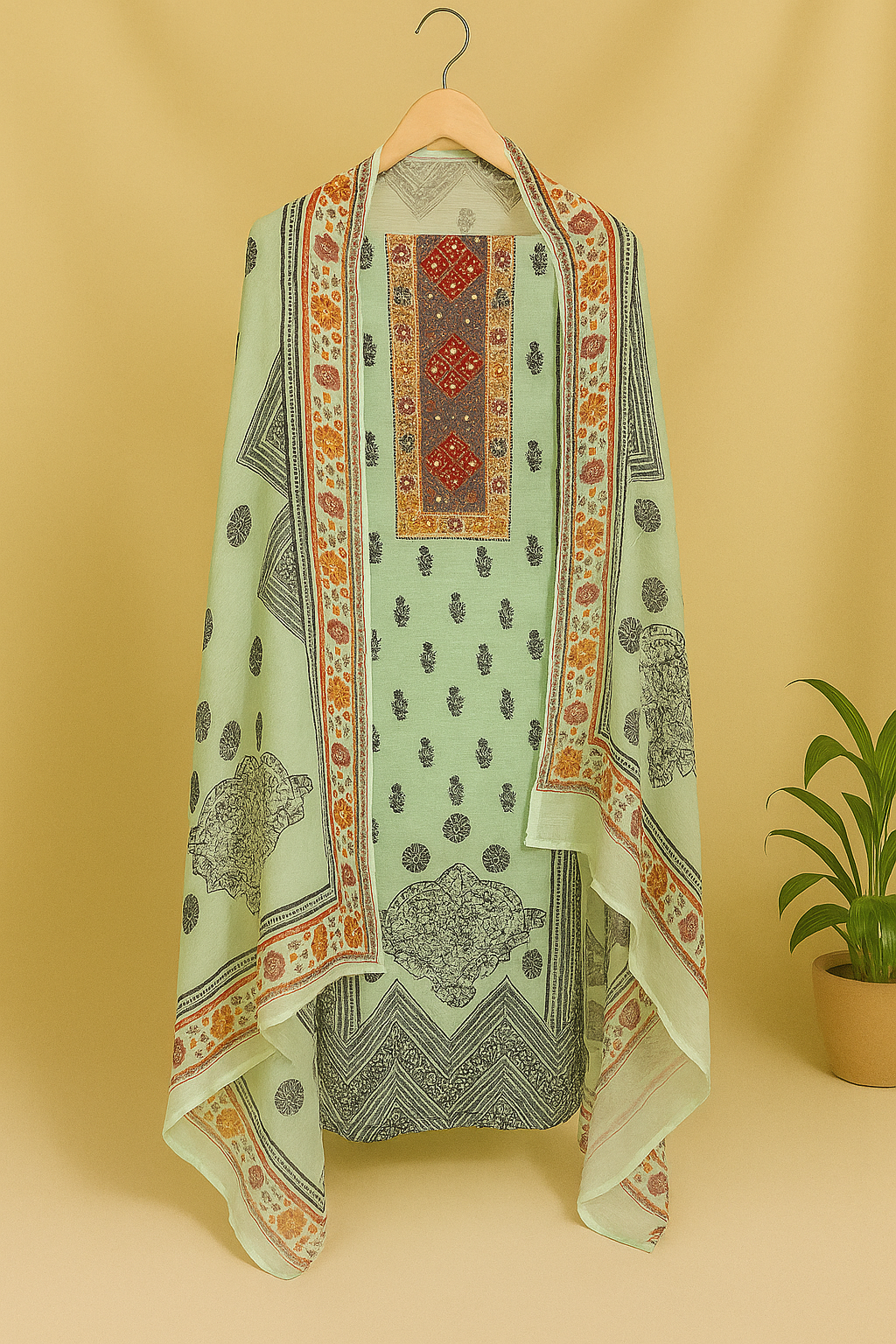Mint Green Printed Unstitched Suit with Ornate Dupatta