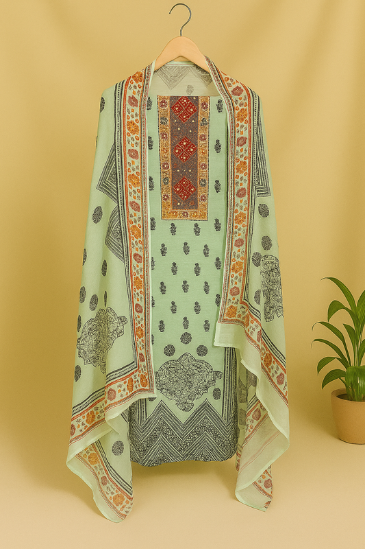 Mint Green Printed Unstitched Suit with Ornate Dupatta
