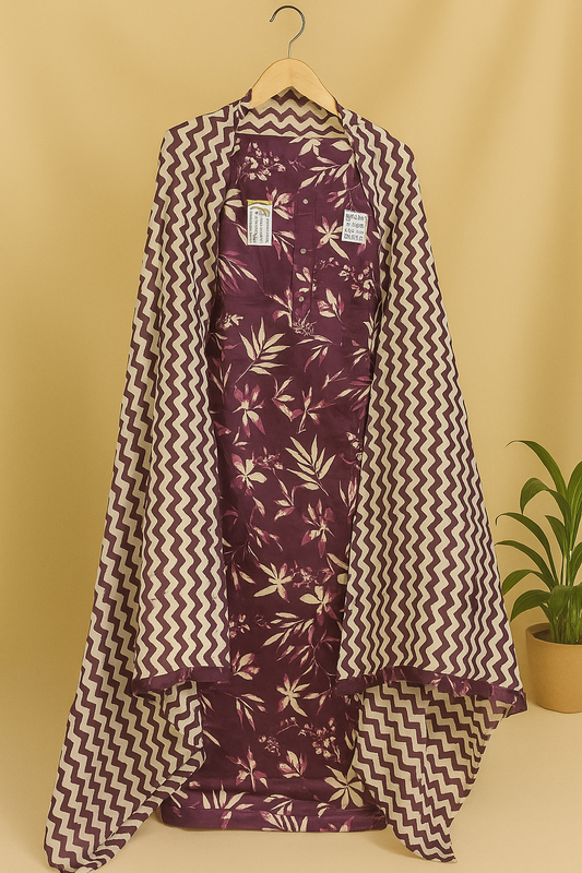 Plum Bloom – Floral Unstitched Suit with Chevron Dupatta