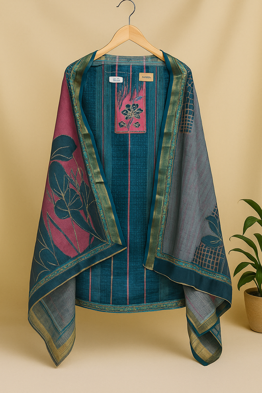 Artistic Teal Fusion – Designer Unstitched Suit Set