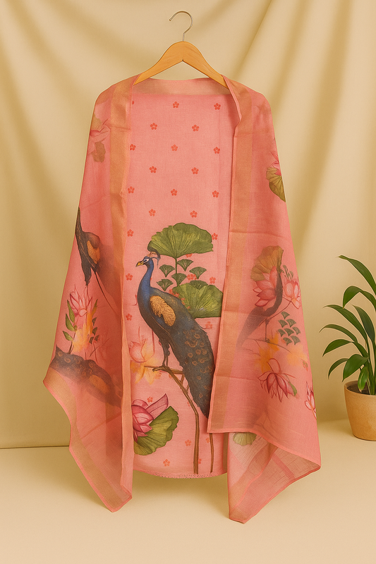 Elegant Peach Organza Dupatta with Peacock & Lotus Print