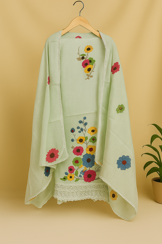 Pastel Meadow – Embroidered Unstitched Suit in Light Pistachio Green