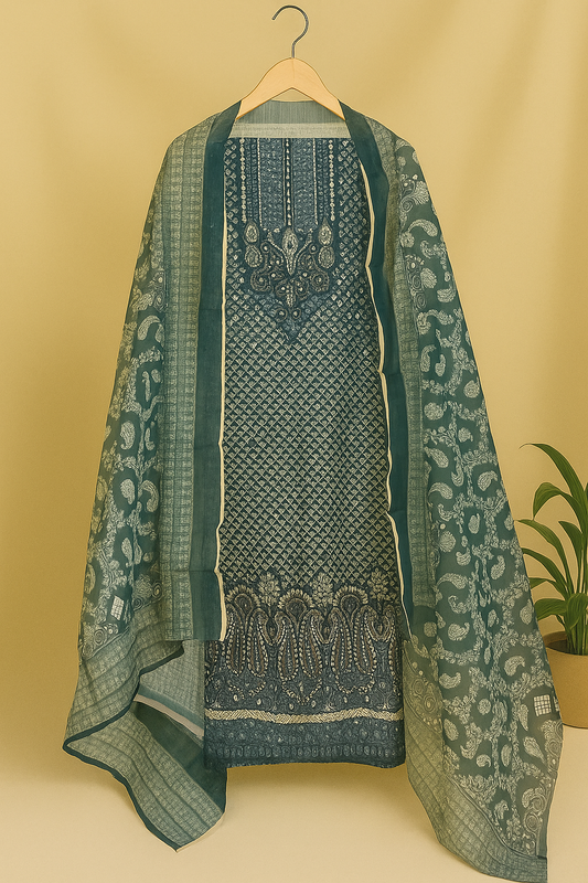 Deep Teal Embroidered Unstitched Suit with Paisley Dupatta
