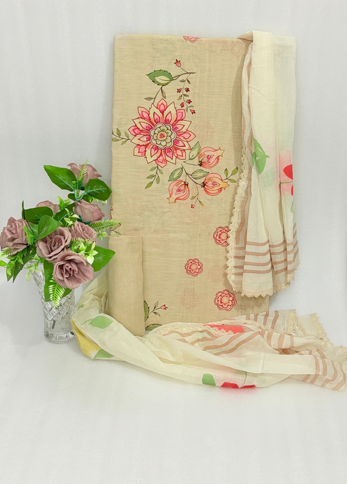 Ivory Bloom – Hand-Painted Floral Unstitched Suit