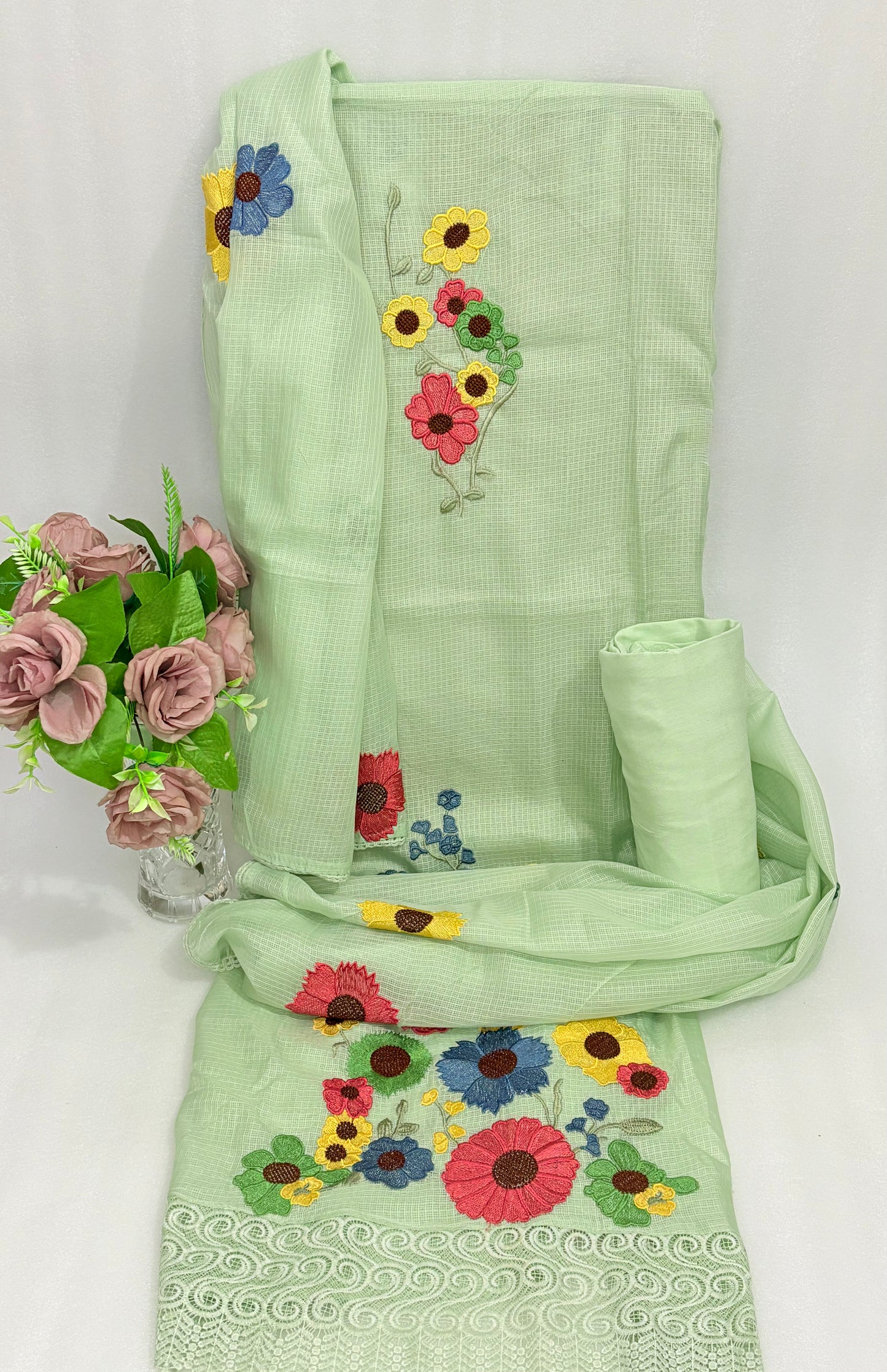 Pastel Meadow – Embroidered Unstitched Suit in Light Pistachio Green