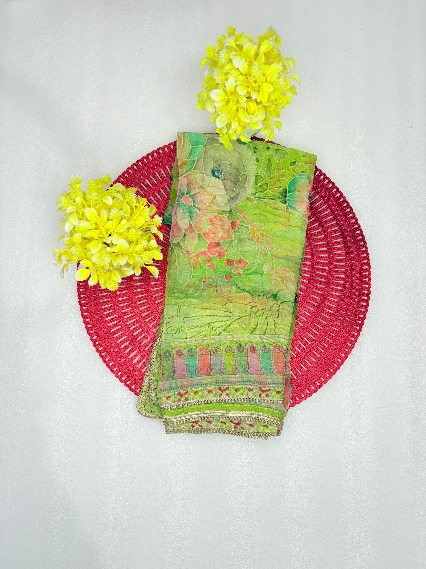 Lime Green Silk Unstitched Suit with Floral Printed Dupatta