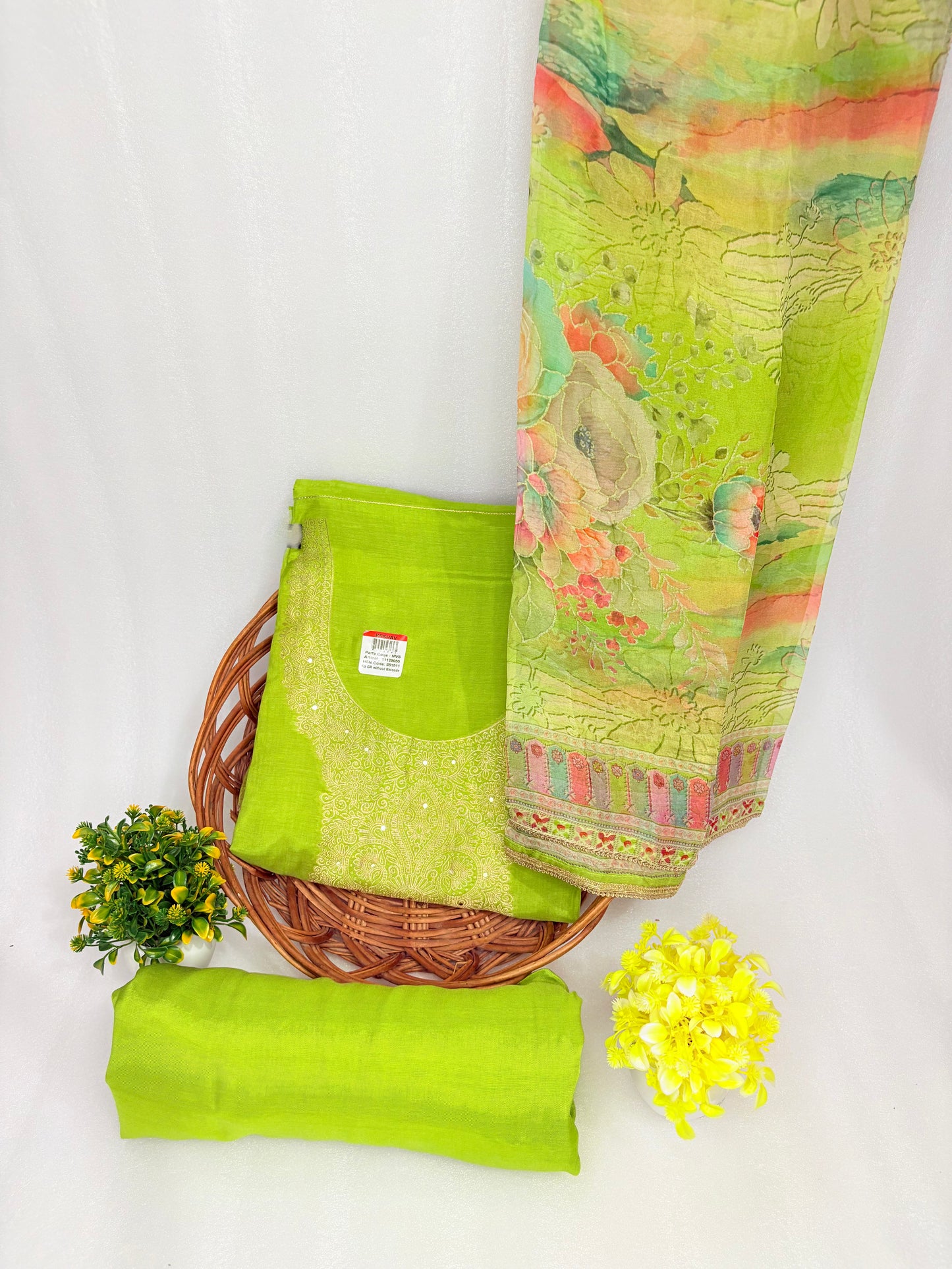 Lime Green Silk Unstitched Suit with Floral Printed Dupatta