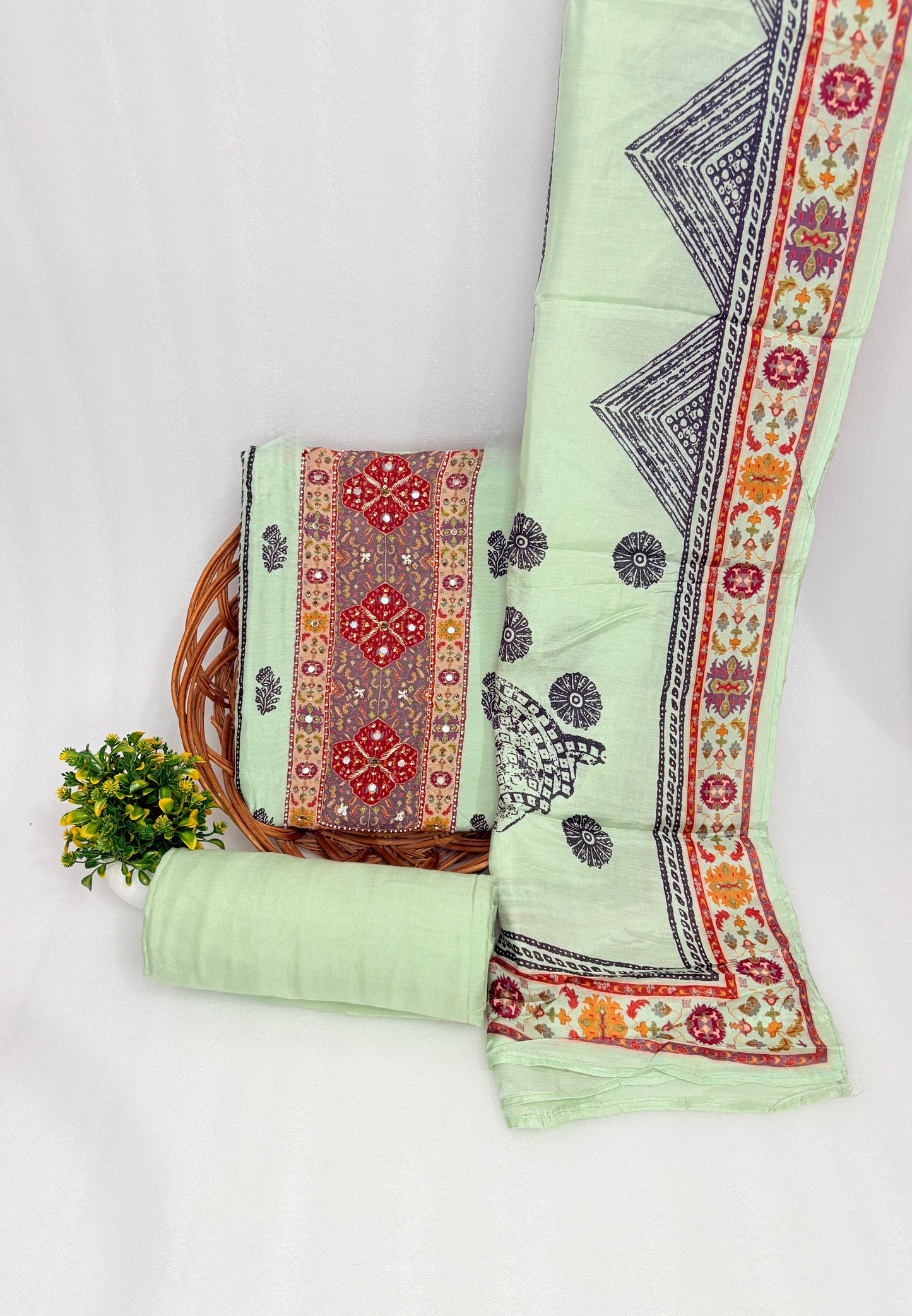 Mint Green Printed Unstitched Suit with Ornate Dupatta