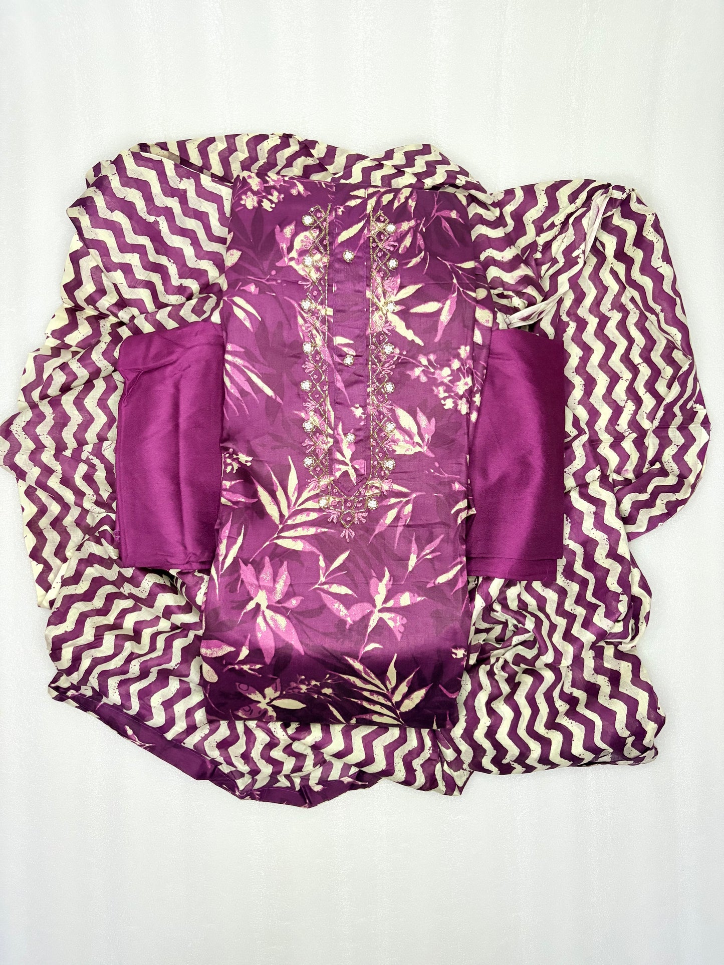 Plum Bloom – Floral Unstitched Suit with Chevron Dupatta