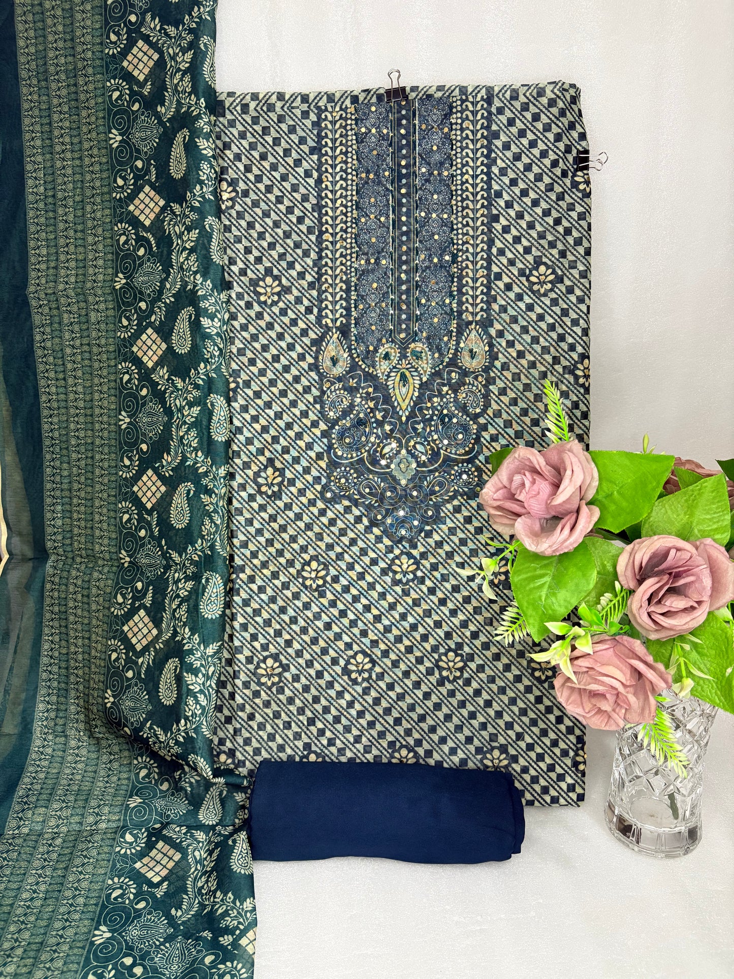 Deep Teal Embroidered Unstitched Suit with Paisley Dupatta