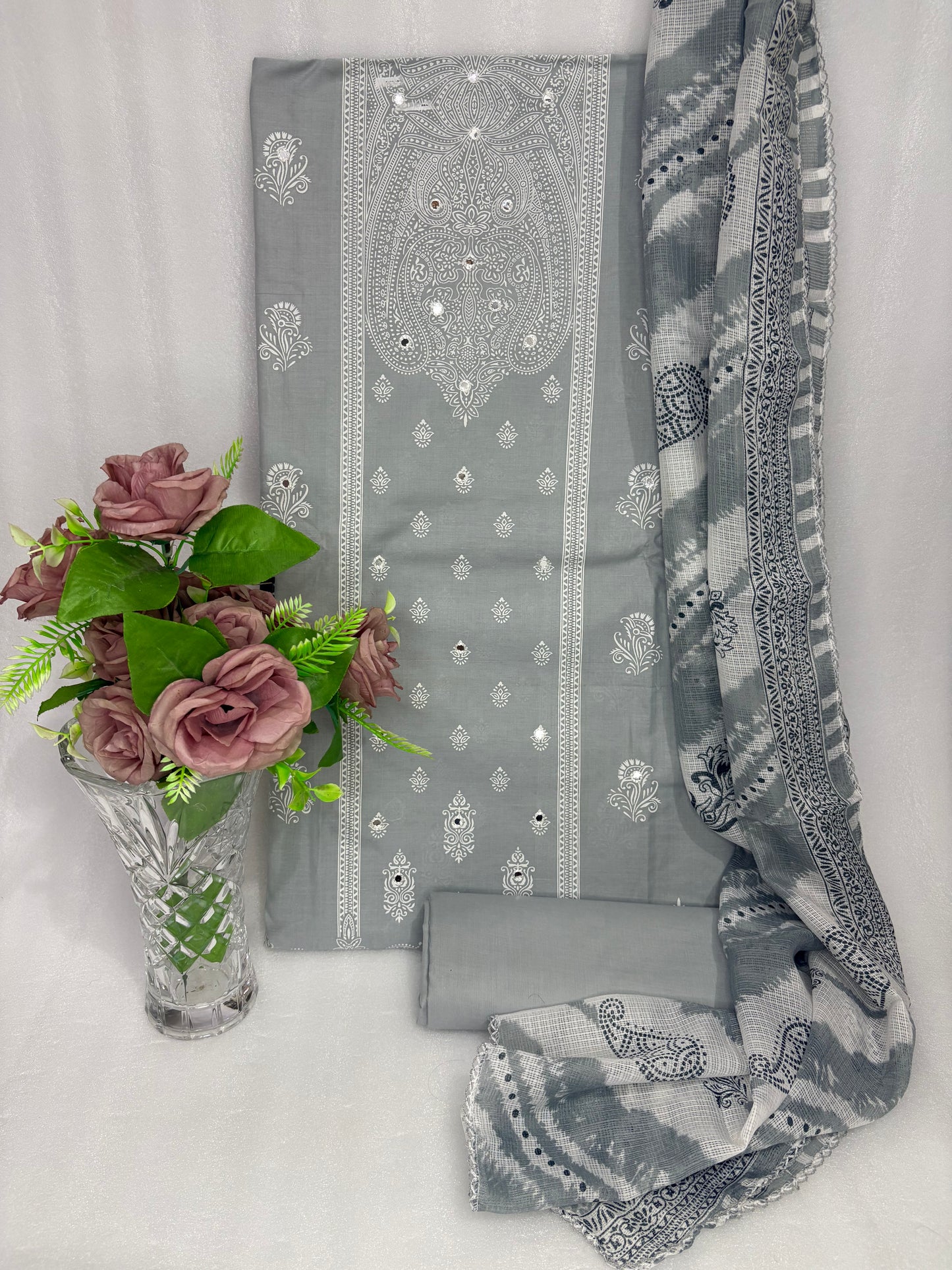 Soft Grey Embroidered Unstitched Suit with Subtle Paisley Dupatta