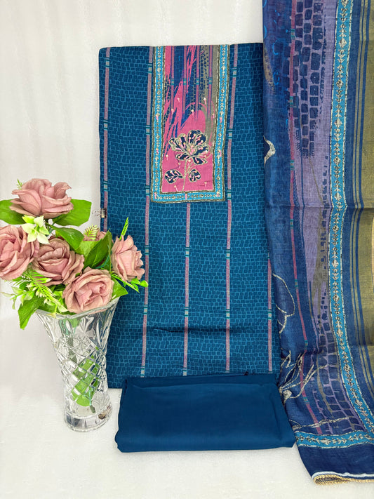Artistic Teal Fusion – Designer Unstitched Suit Set