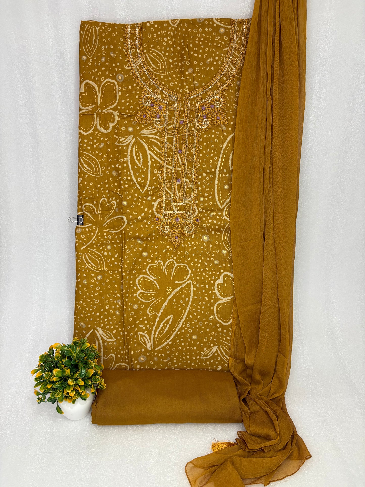 Mustard Yellow Floral Printed Unstitched Suit with Sheer Dupatta