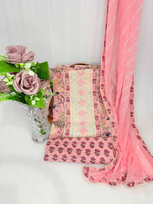 Blush Bloom – Pastel Floral Unstitched Suit Set with Embroidered Dupatta