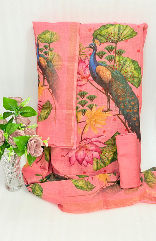 Elegant Peach Organza Dupatta with Peacock & Lotus Print