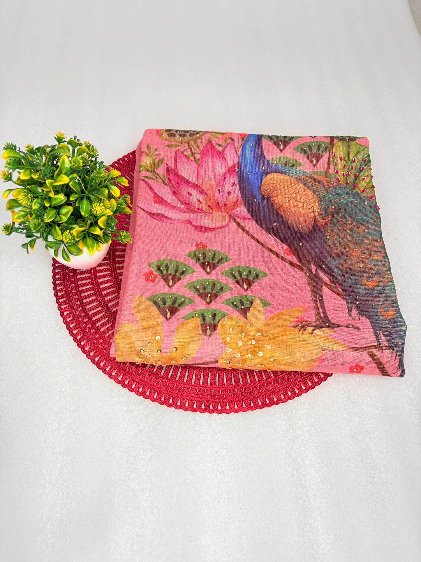 Elegant Peach Organza Dupatta with Peacock & Lotus Print