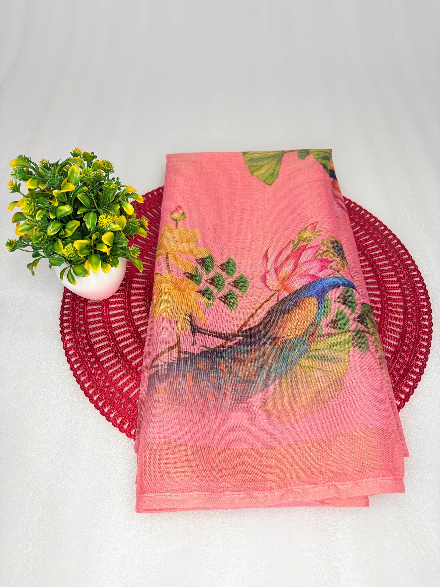 Elegant Peach Organza Dupatta with Peacock & Lotus Print