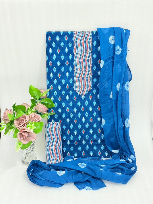 Indigo Essence – Unstitched Ikat Print Suit with Tie-Dye Dupatta