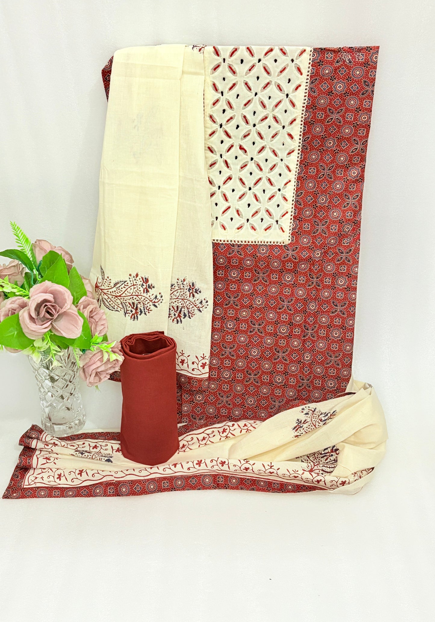 Rust Heritage – Unstitched Block Print Suit with Cream Dupatta