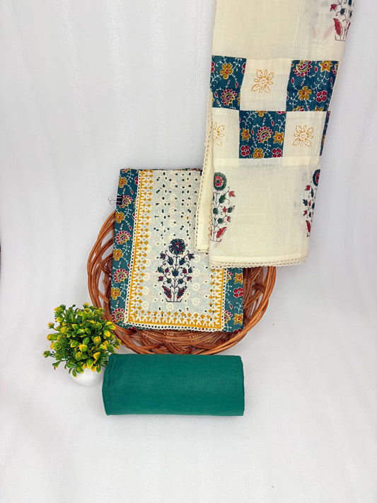 Emerald Charm – Green Floral Unstitched Suit with Ivory Dupatta