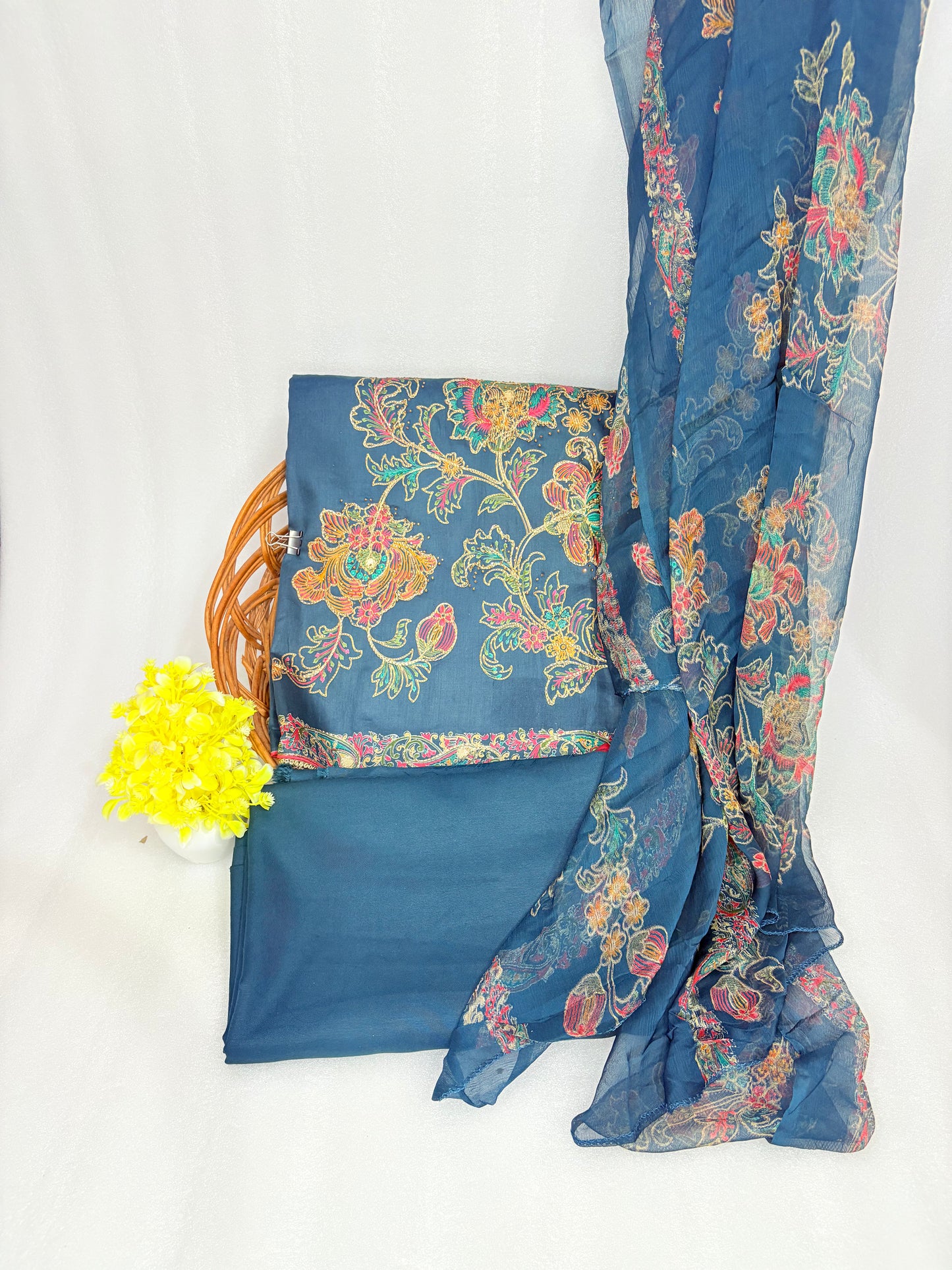 Midnight Teal Elegance – Embroidered Unstitched Suit Set