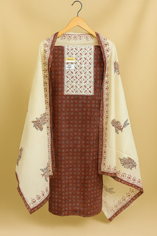 Rust Heritage – Unstitched Block Print Suit with Cream Dupatta