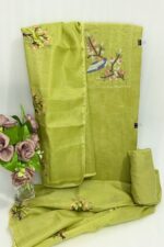 Lime Green Floral Bird Embroidered Unstitched Suit Set with Dupatta - Image 3