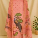 Peach Peacock Printed Unstitched Suit Set with Dupatta