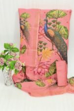 Peach Peacock Printed Unstitched Suit Set with Dupatta - Image 2