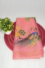 Peach Peacock Printed Unstitched Suit Set with Dupatta - Image 3