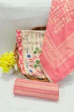 Coral Pink Floral Embroidered Unstitched Suit Set with Dupatta - Image 2