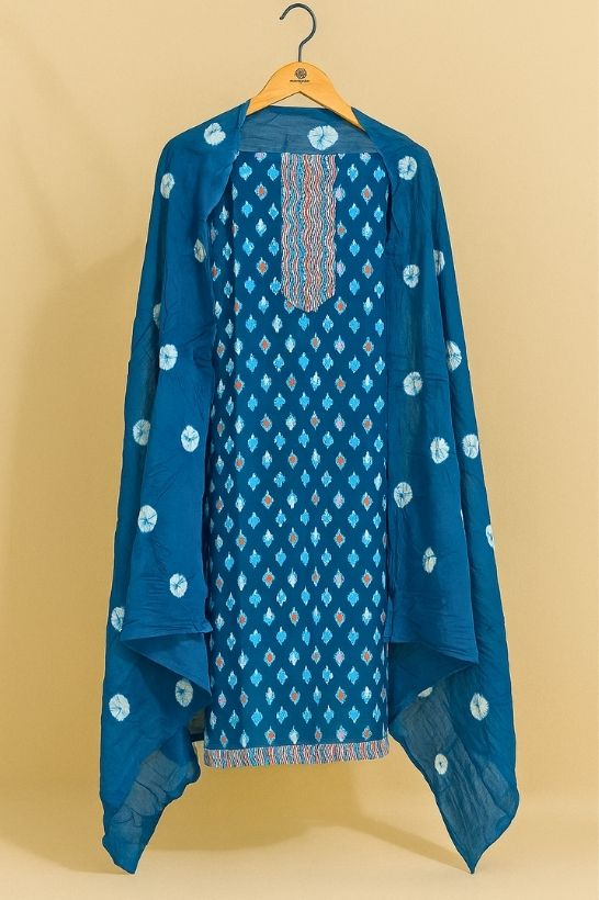 P6 Teal Blue Printed Unstitched Suit Set with Coordinated Dupatta - Image 1