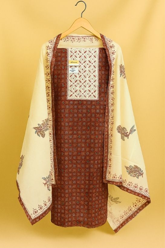 P7 Rust Brown & Cream Ethnic Printed Unstitched Suit Set with Dupatta - Image 1