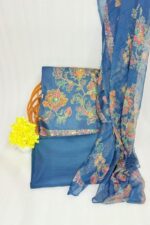 Royal Blue Floral Printed Unstitched Suit Set with Dupatta - Image 2