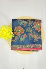 Royal Blue Floral Printed Unstitched Suit Set with Dupatta - Image 4