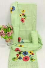 Pastel Green Floral Embroidered Unstitched Suit Set with Dupatta - Image 2