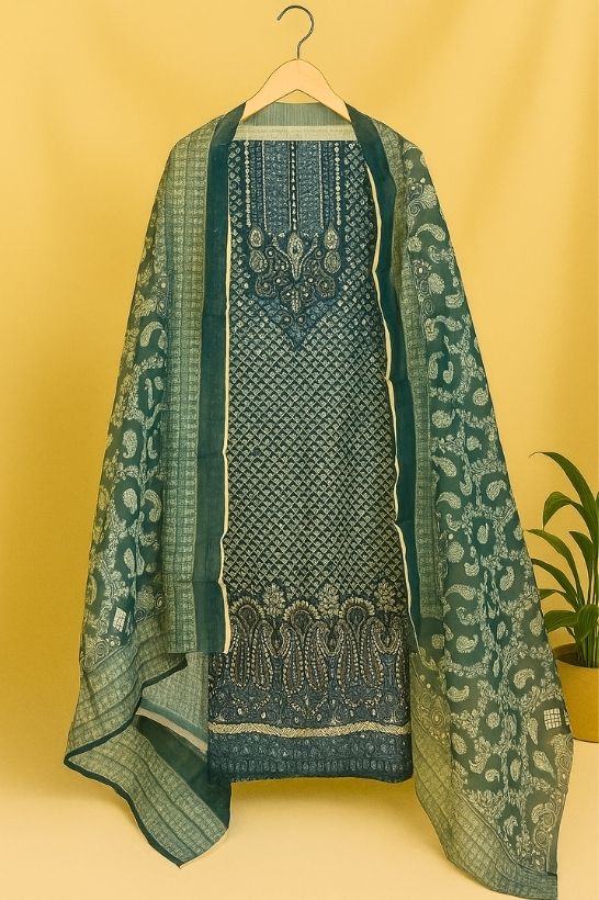 Teal Embroidered Unstitched Suit1 Teal Embroidered Unstitched Suit - Image 1