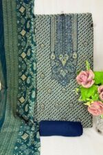 Teal Embroidered Unstitched Suit - Image 4